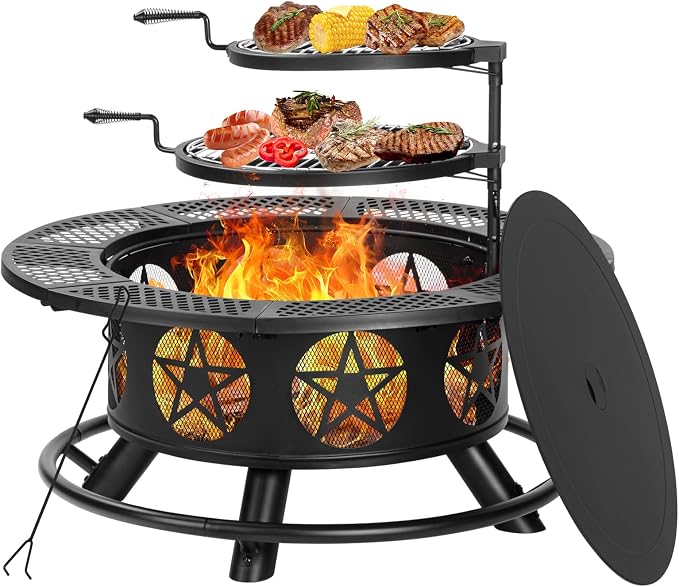 42 Inch Fire Pit with 2 Grills, Extra Large Wood Burning Fire Pits by OutVue-EmbracetheGreatOutdoors
