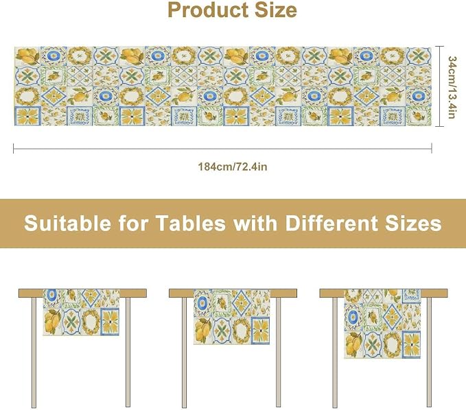 Yellow Lemon Summer Table Runner, Watercolor Spring Yellow and Blue Flower - Image 8