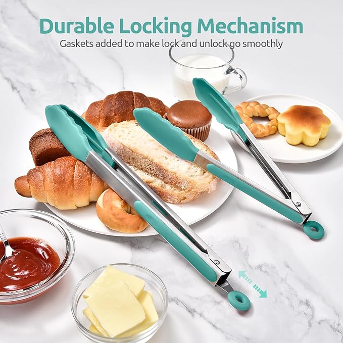 Tongs with Silicone Tips and Lock, 18/8 Stainless Steel, Aqua Sky