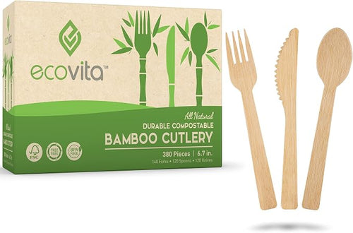100% Bamboo Forks Spoons Knives Cutlery Combo Set by Ecovita