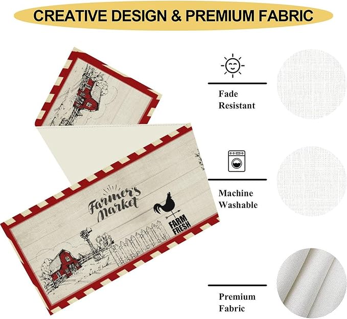Farmhouse Table Runner, Rustic Country Barn Cottage Rooster Check Animal Plank - Image 5
