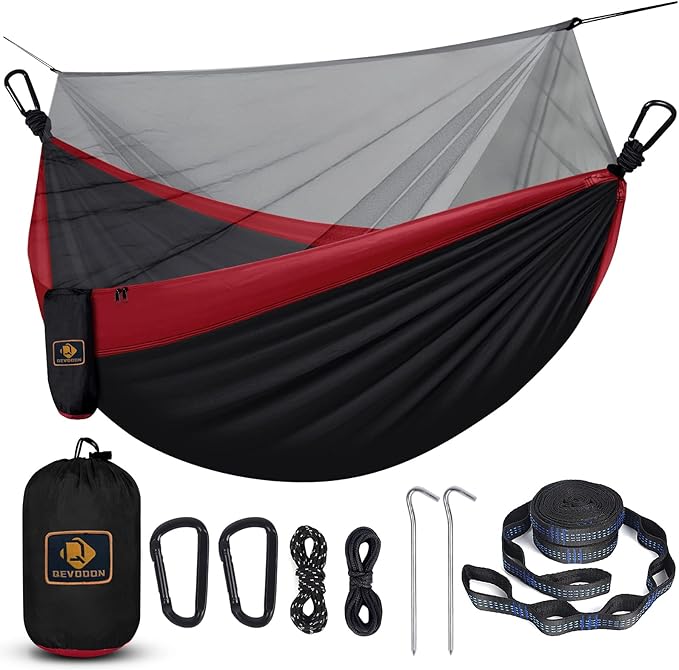 Hammock with Built-In Mosquito Net, 210T Nylon, Black and Red