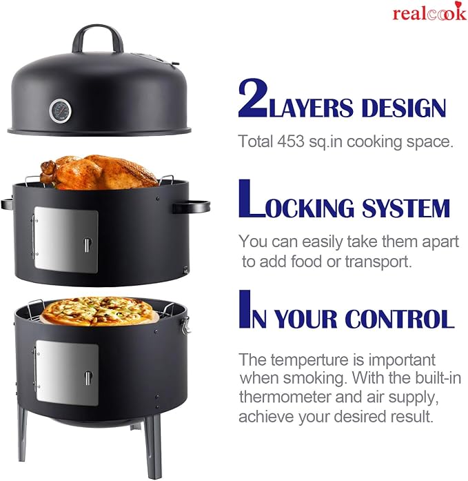 Realcook Vertical 17 Inch Steel Charcoal Smoker, Heavy Duty Round BBQ Grill - Image 5
