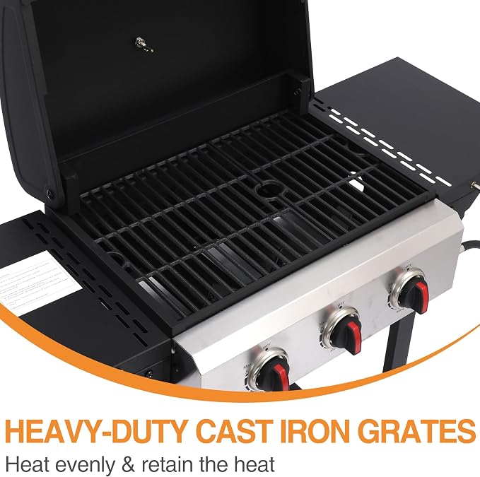 Propane Gas Grill with Folding Side Tables, 3-Burner Gas Grill with Cast Iron - Image 2