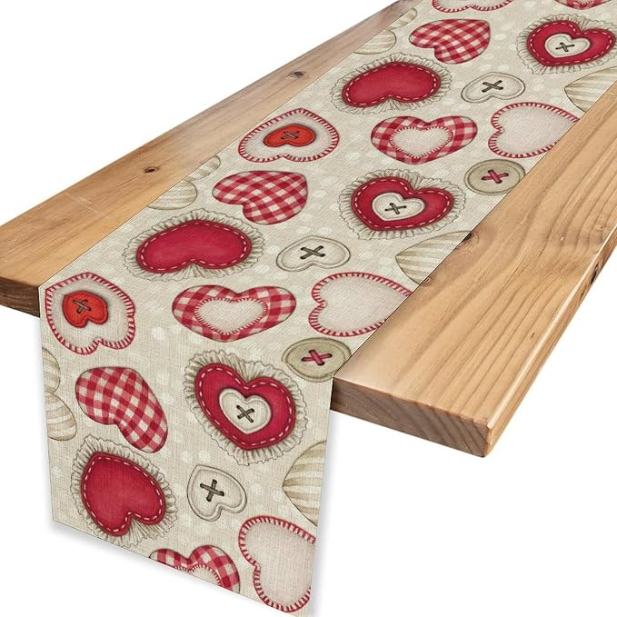 Red Heart Table Runner, Retro Rustic Beige Heart Buttons Polka Dot Valentines - Image 6