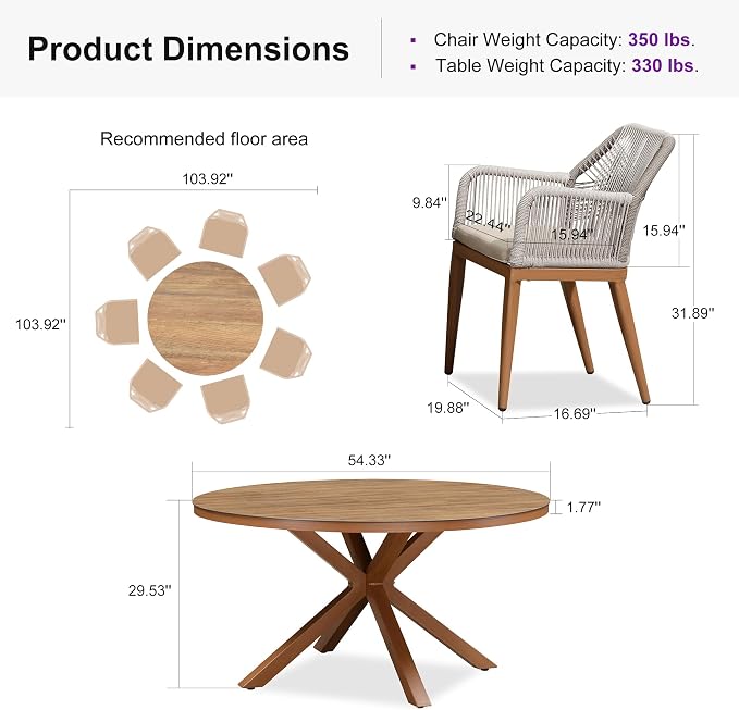 PURPLE LEAF 7 Pieces Patio Round Dining Set Aluminum Round Table and Rattan Arm - Image 9