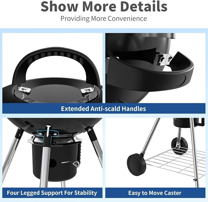 18.5-Inch Portable Charcoal Grill, Heavy Duty Kettle BBQ Smoker - Image 6