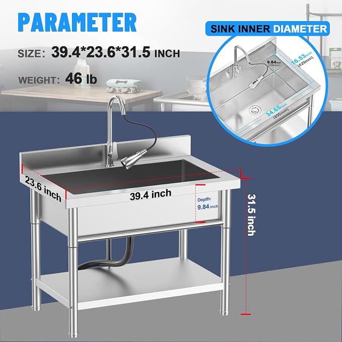Stainless Steel Utility Sink, 39.5" × 23.6" × 31.5"Freestanding Sink - Image 2