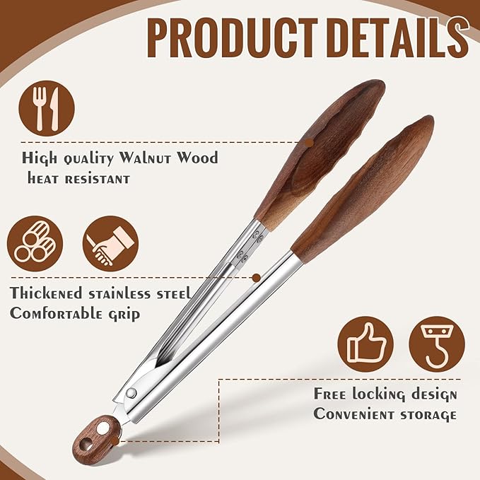 Serving Tongs 2-Pack, Walnut Wood with Stainless Steel, 11.4 Inch