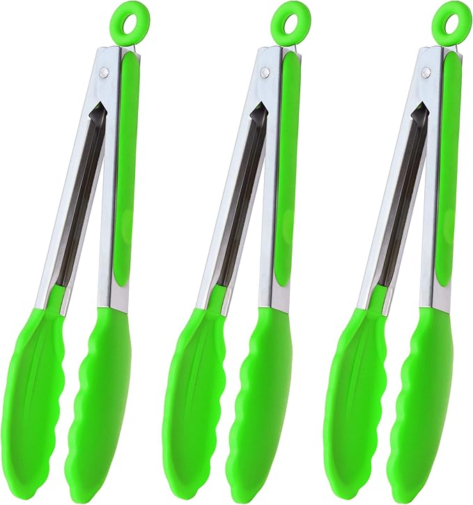 Tongs 9-Inch Green Silicone with Locking Stainless Steel, Pack of 3