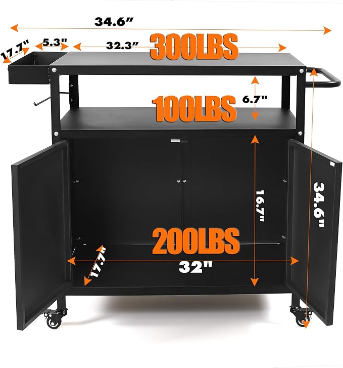 Grill Cart with Storage, Outdoor Bar Cart Rolling BBQ Cart Movable Pizza Oven - Image 2