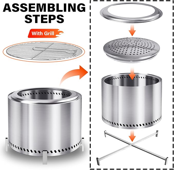 HGD 20" Smokeless Firepit with Stand & Grill Rack, Stainless Steel Wood Burning - Image 2