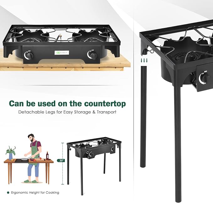 Goplus Outdoor Camping Stove, Dual Burner Propane Gas Cooker w/Detachable Legs - Image 2