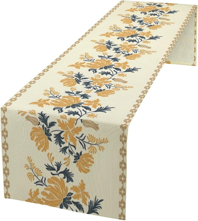 Vintage Yellow Floral Table Runner, Spring Summer Boho Flower Print Table by Unknown