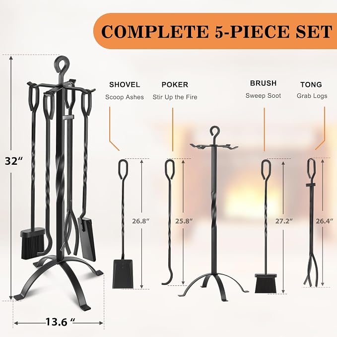 Gtongoko Fireplace Tools Set 5 Pieces 32 Inch Modern Black Wrought Iron Large - Image 2