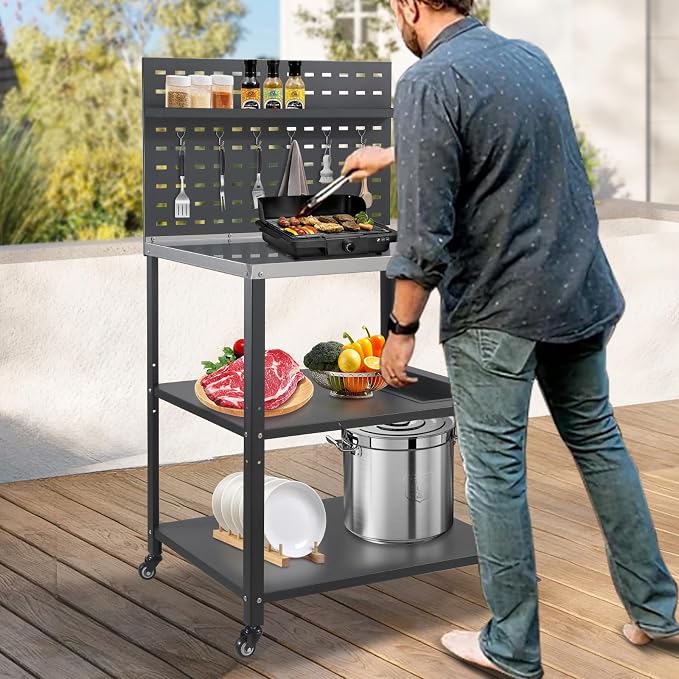 Three-Tier Grill Cart with Hanging Plate, Grill Table with 2 Locking Casters - Image 7