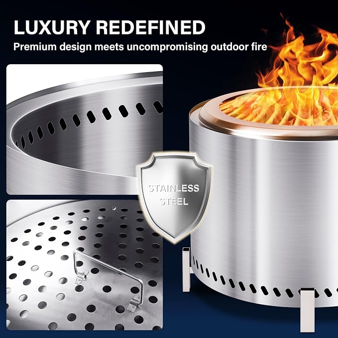HGD 20" Smokeless Firepit with Stand & Grill Rack, Stainless Steel Wood Burning - Image 4