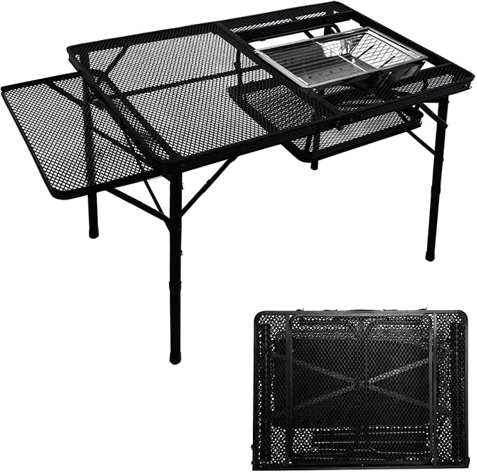 4ft Folding BBQ Table with Wing Plate, Height Adjustable Metal Table with Small by TESPHAN