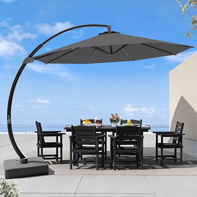 7 Piece Patio Dining Set with 11ft Patio Umbrella, 7 Black Outdoor HDPE Dining by Unknown