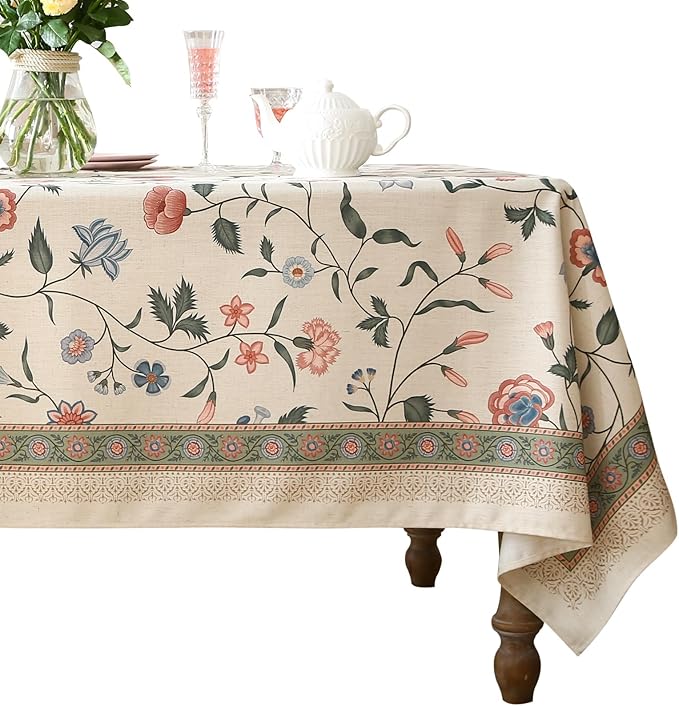 ISAENNE Designer Chinoiserie Linen Floral Small Rectangular Tablecloth by Isaennehomedecoration