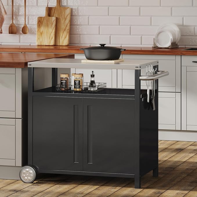 Outdoor Grill Cart with Storage Cabinet Stainless Steel Prep Stand with Storage - Image 3