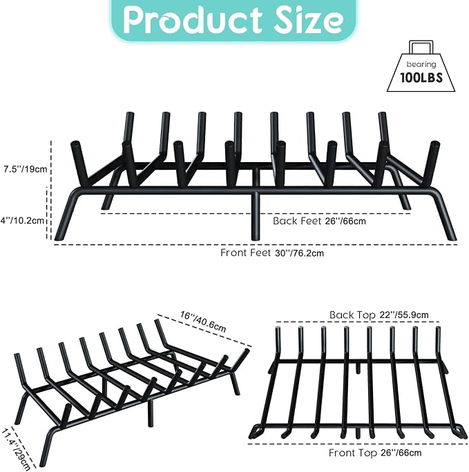 30-Inch Fireplace Grate, Heavy Duty 8-Bar Log Rack Holder Made of Solid Round - Image 2