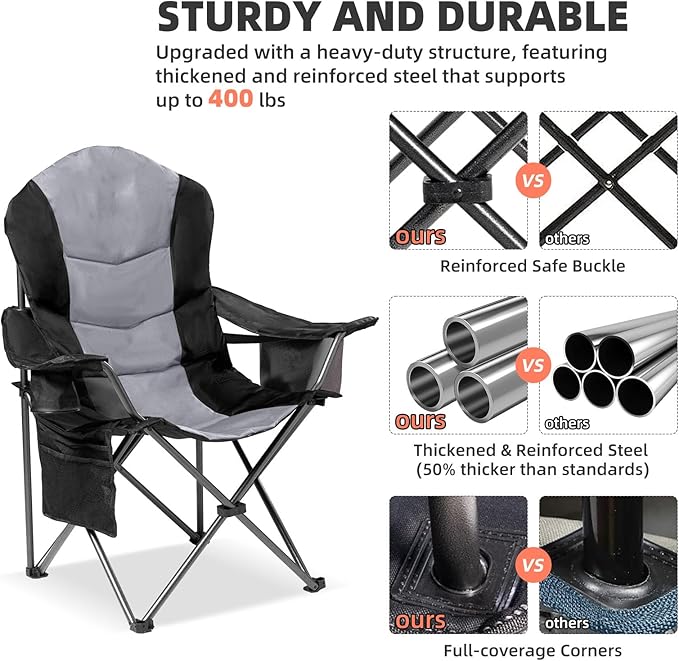 Folding Camping Chairs 2-Pack, Black and Gray, 400 lb Capacity