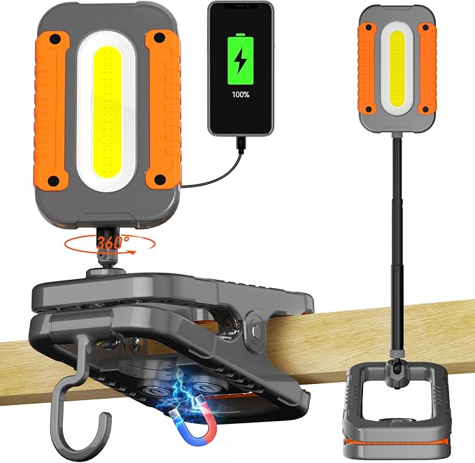 Rechargeable Work Light with Clamp, 3000LM Clip on Lamp with Magnet, Telescopic by Molrebe