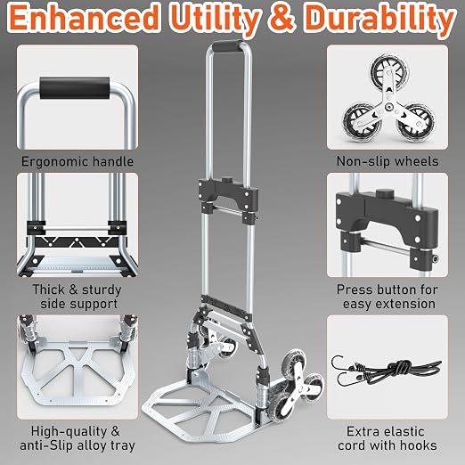 Stair Climbing Cart, 220 LBS Aluminum Stair Climber Dolly, Heavy Duty Folding - Image 4