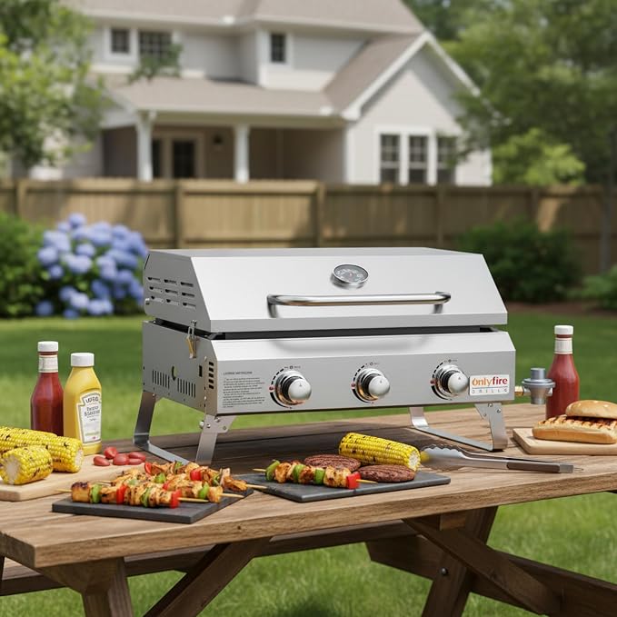 Tabletop Gas Griddle with Foldable Legs, Portable 3-Burner Propane Gas Grill - Image 6