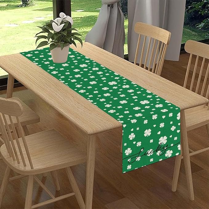 Clover Table Runner, Retro Rustic Green White Clover Seasonal Spring - Image 3