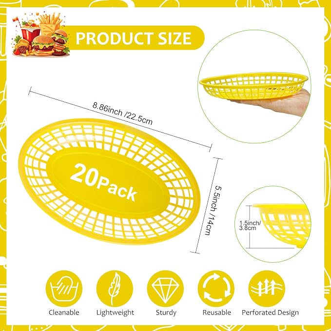 20 Pack Plastic Fast Food Baskets, 8.8" × 5.5" Small Oval Restaurant Serving - Image 2