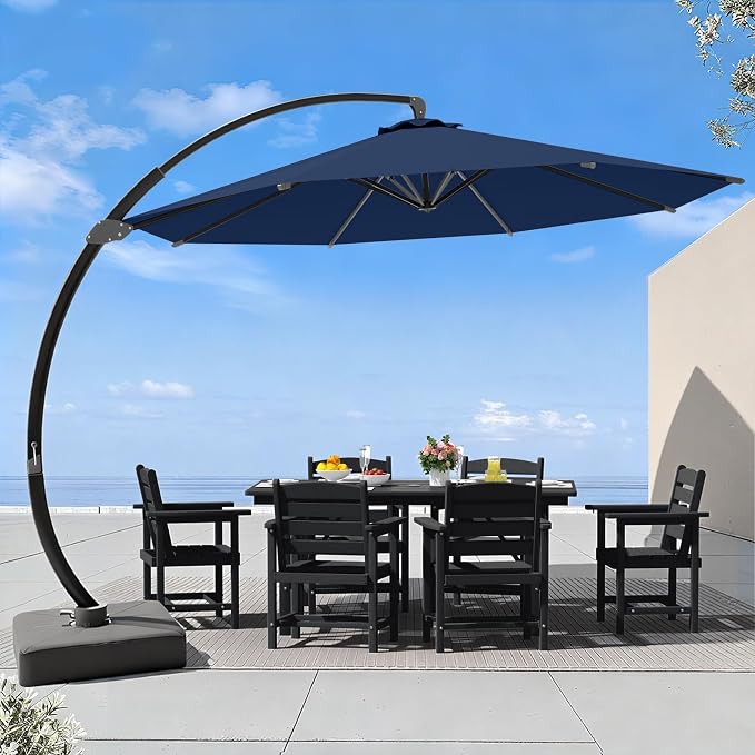 7 Piece Patio Dining Set with 11ft Patio Umbrella, 7 Black Outdoor HDPE Dining by Unknown