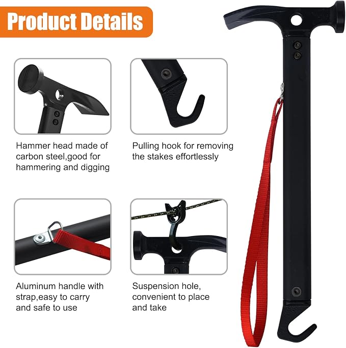 Eurmax USA Hiking Camping Tent Stakes and Hammer Set Lightweight Multi-Function - Image 3