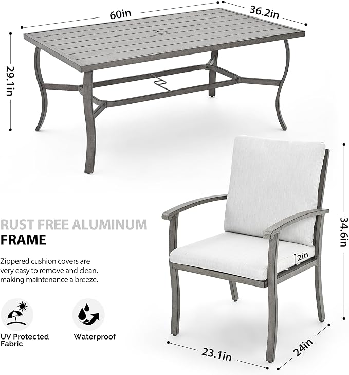 HAPPATIO 7 Piece Patio Dining Set, Aluminum Outdoor Dining Set - Image 4