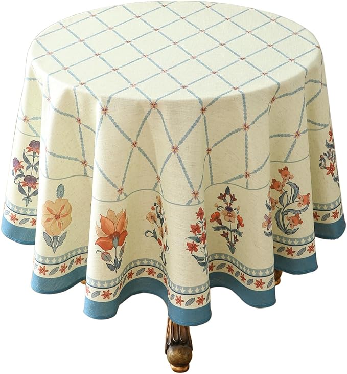 ISAENNE Designer Linen Floral Round Tablecloth, Light Green Farmhouse Durable by Isaennehomedecoration
