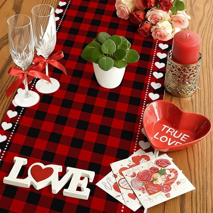 Valentine’s Day Love Heart Red Black Buffalo Plaid Table Runner 13x36 Inch - Image 6
