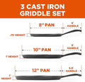 Griddles 3-Piece Pre-Seasoned Cast Iron Set in 8, 10 and 12 Inch Sizes