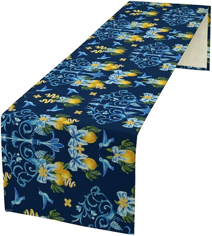 Lemon Fruit Table Runner Nature Bow Farmhouse Talavera Ethnic Folk Rustic Birds by Unknown