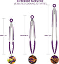 Cooking Tongs with Silicone Tips, 7, 9 and 12 Inch Stainless Steel, Purple