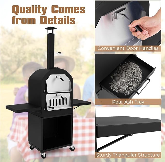 HAPPYGRILL Outdoor Wood Fired Pizza Oven w/Firewood Storage, Side Shelves - Image 3