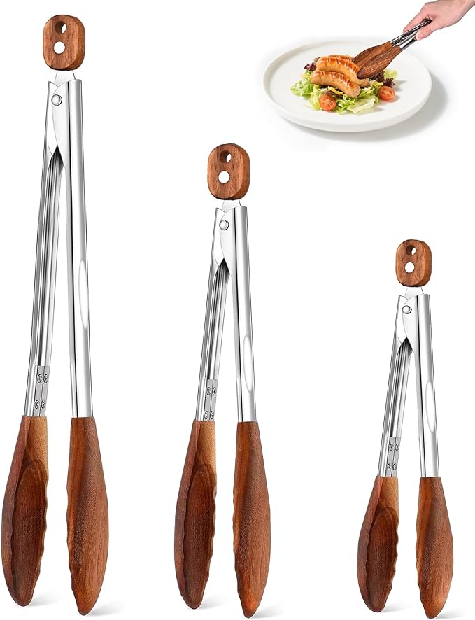 Walnut Wood Cooking Tongs Set of 3 with Pull-Ring Lock, 7, 9 and 12 Inch