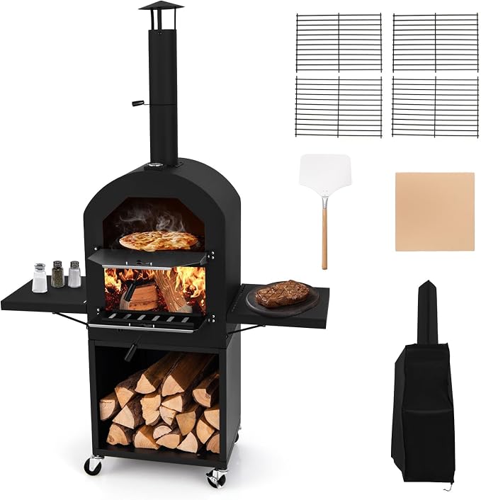 HAPPYGRILL Outdoor Wood Fired Pizza Oven w/Firewood Storage, Side Shelves by HAPPYGRILL