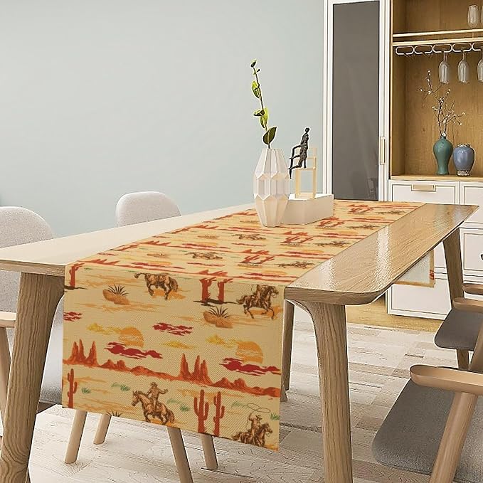 Western Cowboy Table Runner, Wild West Cowboy Ride Horse Desert Cactus Sunset - Image 3