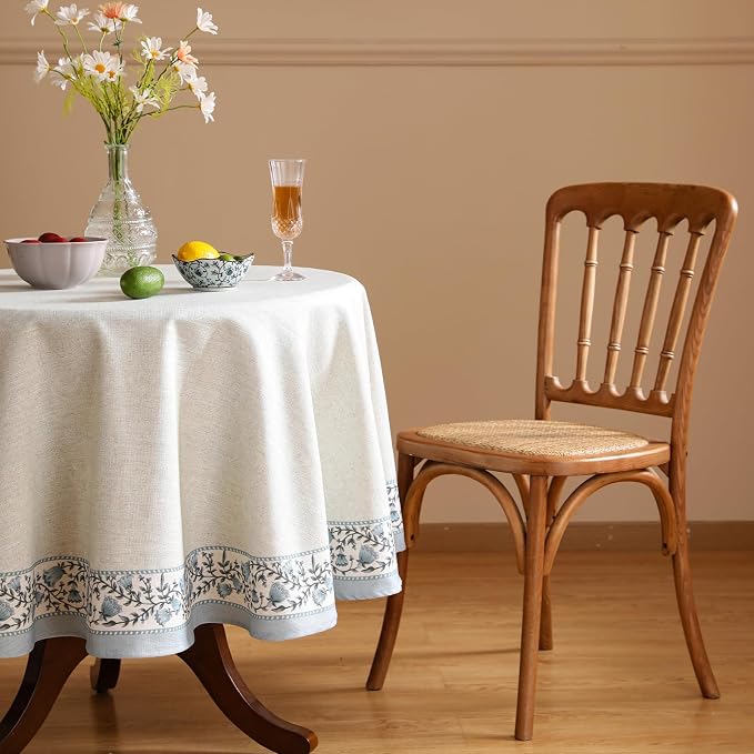 ISAENNE Designer Vintage Linen Elegant Round Tablecloth, Chinoiserie Floral - Image 3