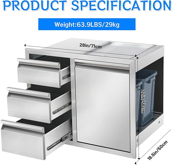 Outdoor Kitchen Drawer Combo, Stainless Steel Triple Drawer Cabinet - Image 5