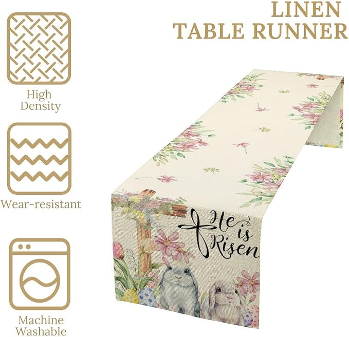 Easter Bunny Rabbits Table Runner, Boho Floral Cross Rabbits Easter Eggs Spring - Image 4