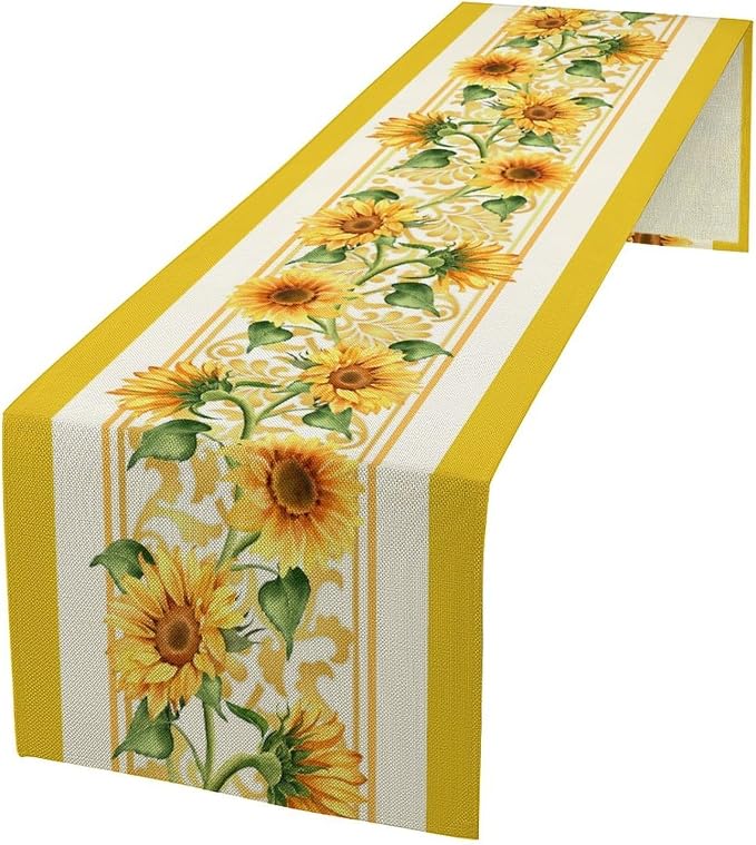 Yellow Sunflower Table Runner, Spring Summer Seasonal Floral Farmhouse Rustic by JanJCurt