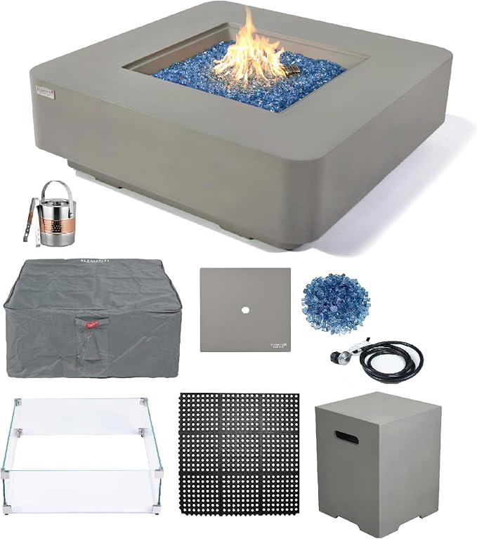 Elementi+ | Bundle Lucerne Gas Fire Pit Cast Concrete 42" Square Fire Table by AMSFireplaceInc