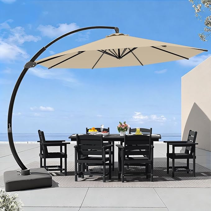 7 Piece Patio Dining Set with 11ft Patio Umbrella, 7 Black Outdoor HDPE Dining by Unknown